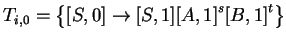 $\displaystyle T_{i,0}=\left\{[S,0]\ensuremath{\rightarrow}[S,1]{[A,1]}^s{[B,1]}^t\right\} $