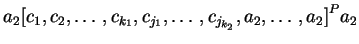 $ a_2{[c_1,c_2,\ldots, c_{k_1},
c_{j_1}, \ldots, c_{j_{k_2}}, a_2,\ldots, a_2]}^Pa_2$