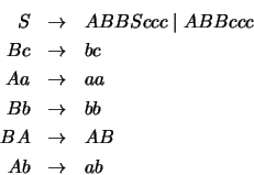 \begin{eqnarray*}S& \ensuremath{\rightarrow} & ABBSccc\;\vert\;ABBccc\\
Bc&\ens...
...uremath{\rightarrow} &AB \\
Ab & \ensuremath{\rightarrow} & ab
\end{eqnarray*}