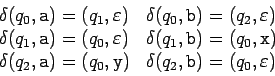 \begin{displaymath}
\begin{array}{ll}
\delta(q_0,\mbox{\texttt{a}})=(q_1,\vareps...
... &
\delta(q_2,\mbox{\texttt{b}})=(q_0,\varepsilon)
\end{array}\end{displaymath}