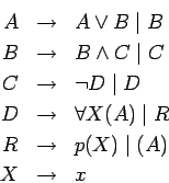 \begin{eqnarray*}
A& \ensuremath{\rightarrow}& A\vee B\;\vert\;B\\
B&\ensuremat...
...rightarrow}&p(X)\;\vert\;(A) \\
X & \ensuremath{\rightarrow}&x
\end{eqnarray*}