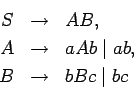 \begin{eqnarray*}
S &\ensuremath{\rightarrow}& AB, \\
A &\ensuremath{\rightarrow}& aAb \mid ab, \\
B &\ensuremath{\rightarrow}& bBc \mid bc
\end{eqnarray*}