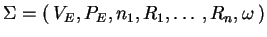 $ \ensuremath{\Sigma=(\:V_E,P_E,n_1,R_1,\ldots,R_n,
\omega\:)}$