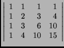 $\left\vert
\begin{array}{rrrr}
1 & 1 & 1 & 1 \\
1 & 2 & 3 & 4 \\
1 & 3 & 6 & 10 \\
1 & 4 & 10 & 15
\end{array}
\right\vert$