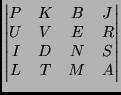 $\displaystyle \begin{vmatrix}
P&K&B&J\\
U&V&E&R\\
I&D&N&S\\
L&T&M&A
\end{vmatrix}$