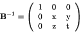 \begin{displaymath}
\textbf{B}^{-1}=
\left(
\begin{tabular}{ccc}
1 & 0 & 0 \\
0 & x & y \\
0 & z & t
\end{tabular} \right)
\end{displaymath}